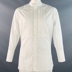 NILI LOTAN Size L White Cotton Pleated Collarless Tuxedo Long Sleeve Shirt